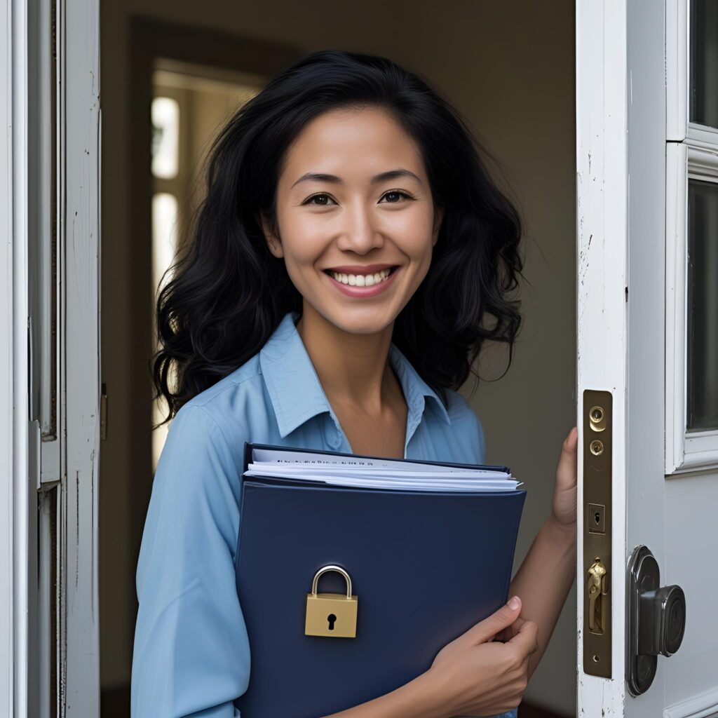 A smiling professional Asian American woman stands in an open doorway holding a blue legal folder secured with a padlock, symbolizing the security and new opportunities provided by criminal record sealing services.